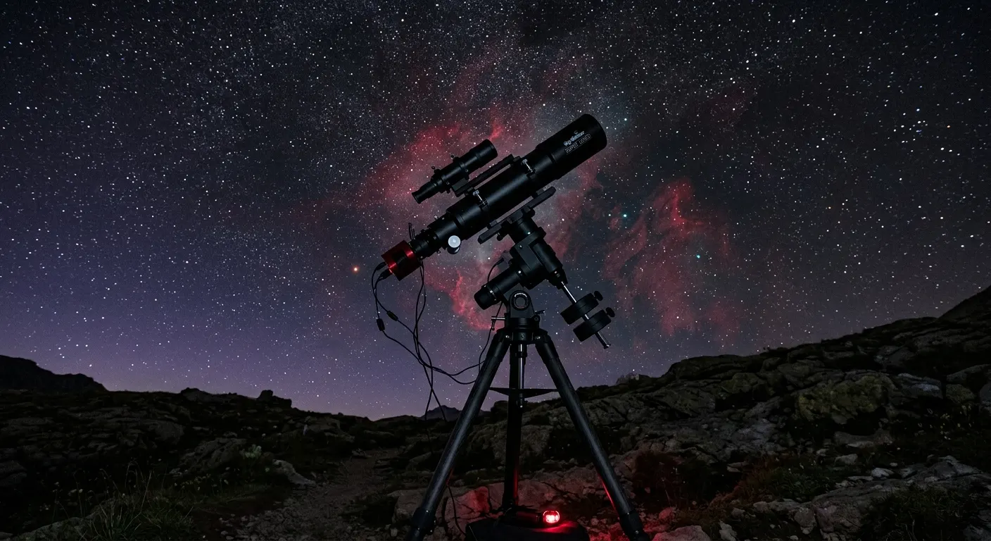 A German equatorial mount with refractor telescope and guide scope silhouetted against a deep blue-black night sky, a faint hydrogen-alpha nebula glow visible in the starfield backdrop
